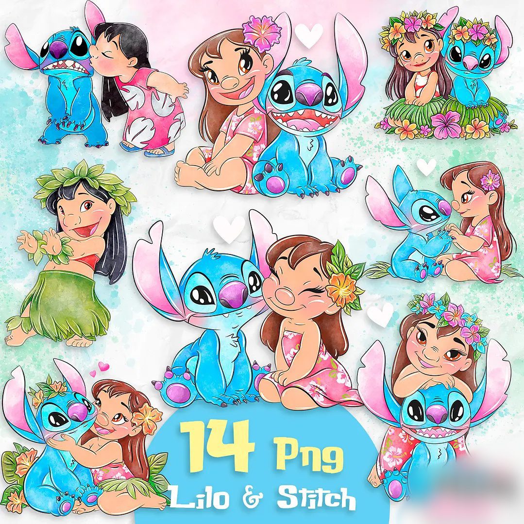 Lilo e Stitch Aquarela Lilo e Stitch Aquarela - Kit Digital - Imagem 1