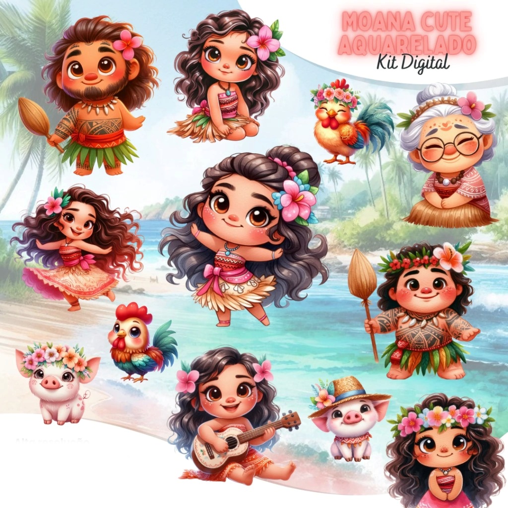 Moana Cute Aquarela Moana Aquarela - Kit Digital - Imagem 1
